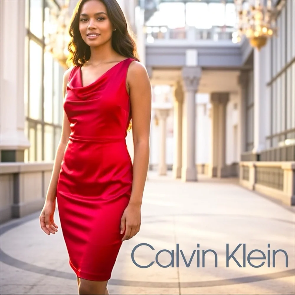 CALVIN KLEIN Cowl Neck Sophisticated And Sexy Satin Red CocktailDress NWT Sz 8 - Picture 1 of 9